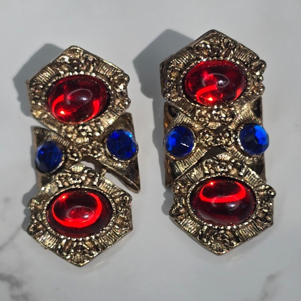Vintage Egyptian Revival Byzantine Clip On Earrings Gold Tone Red Blue Cabochon